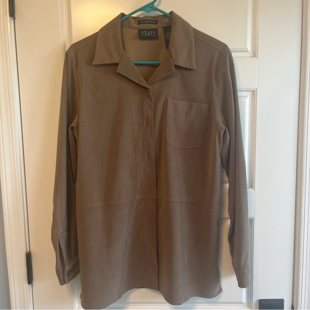 Liz Claiborne Crazy Horse Stretch Long Sleeve Button Down Shirt Tan - Picture 1 of 5